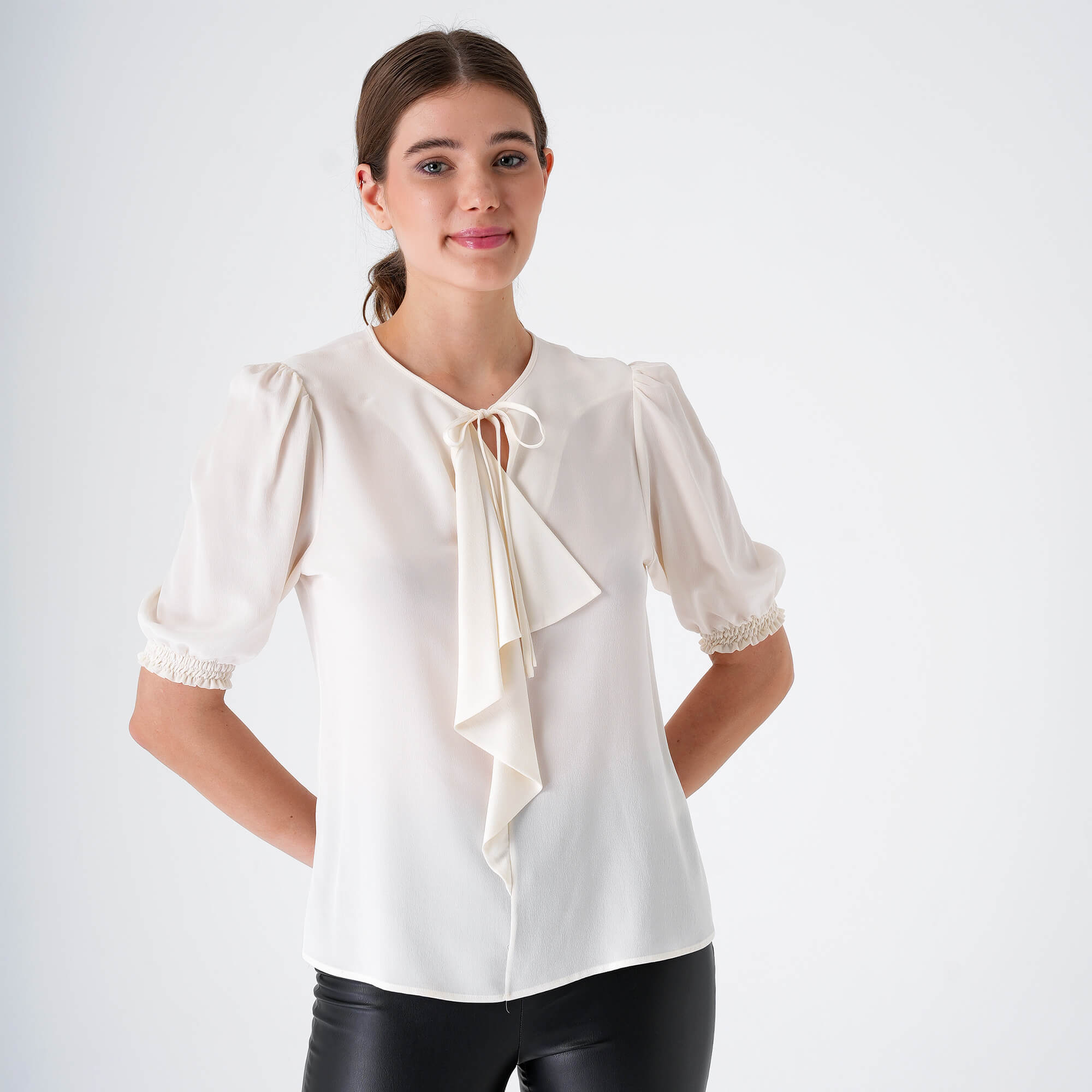 Etro - Cream Ruffle&Half Sleeve Silk Blousse